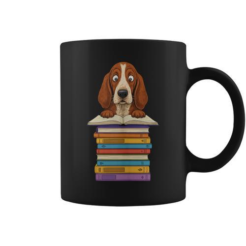 Cute Basset Hound Dog Reading On Pile Of Books Graphic Print Coffee Mug - Bookorys