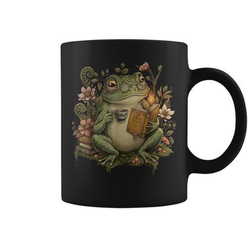 Cute Cottagecore Aesthetic Frog Book Reading Lover Librarian Graphic Print Coffee Mug - Bookorys