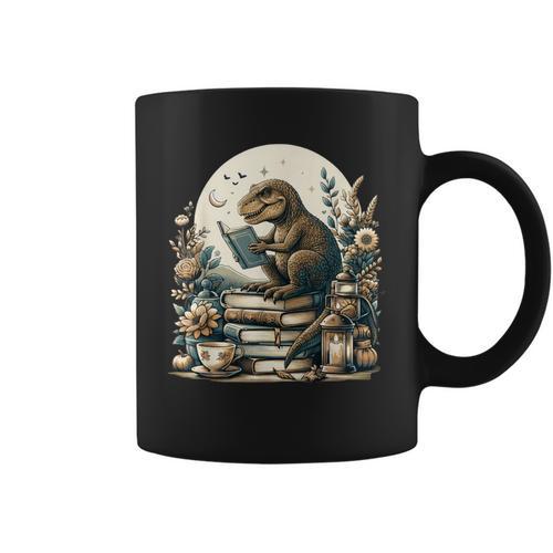 Cute Cottagecore Aesthetic T-Rex Dinosaur Reading Book Nerd Graphic Print Coffee Mug - Bookorys DE
