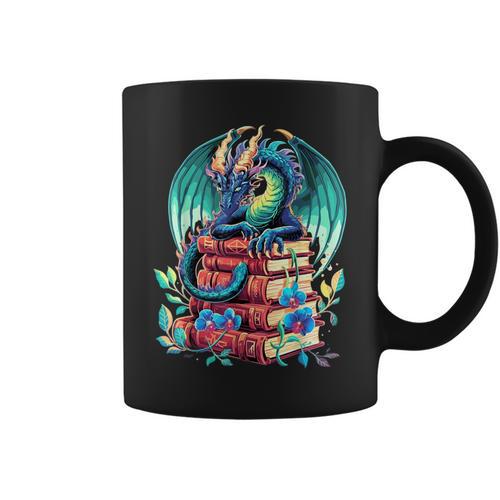 Cute Dragon Books Flower Bookworm Book Lover Graphic Print Coffee Mug - Bookorys AU