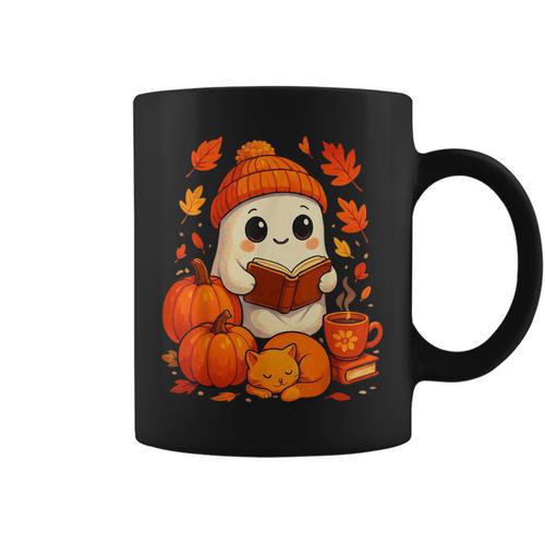 Cute Ghost Reading Book Autumn Pumpkins Cat Coffee Halloween Graphic Print Coffee Mug - Bookorys AU