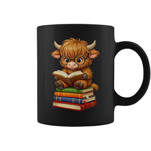 Cute Highland Cow With Glasses Reading Books Graphic Print Coffee Mug - Bookorys