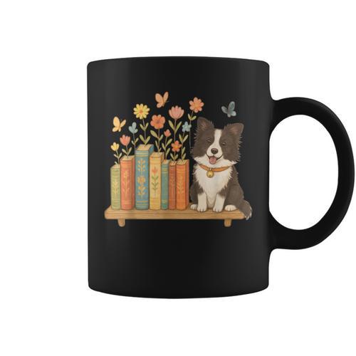 Cute Kawaii Border Collie Dog Books Flowers Graphic Print Coffee Mug - Bookorys AU