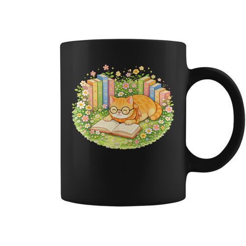 Cute Kawaii Cat Books Flowers Graphic Print Coffee Mug - Bookorys DE