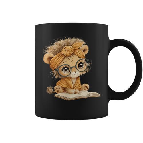 Cute Lion Cub Reading Book With Headwrap Graphic Print Coffee Mug - Bookorys