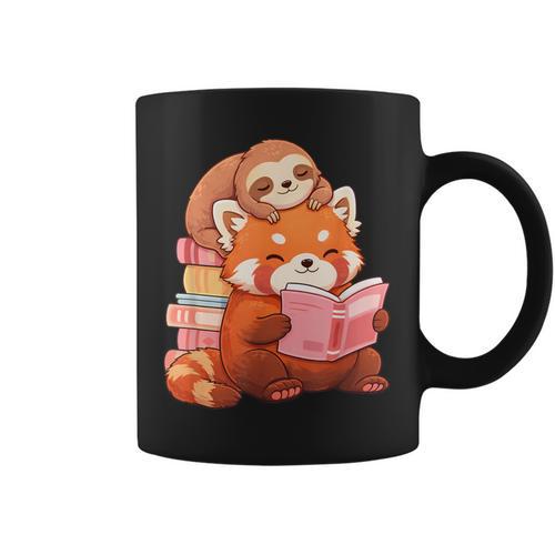 Cute Red Panda Reading Book Sloth Kawaii Animal Graphic Print Coffee Mug - Bookorys AU