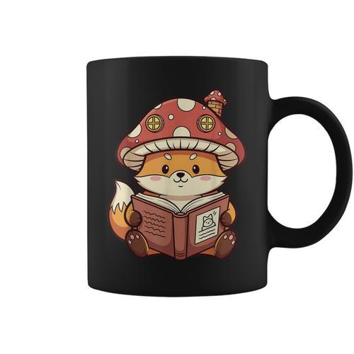 Cute Shiba Inu Mushroom Hat Reading Book Art Graphic Print Coffee Mug - Bookorys