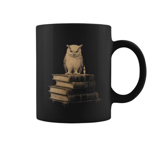 Dark Academia Vintage Owl On Books With Candle Library Graphic Print Coffee Mug - Bookorys