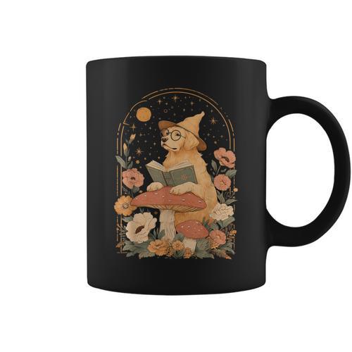 Dog Mushroom Cottagecore Golden Retriever Reading Book Graphic Print Coffee Mug - Bookorys