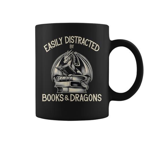 Easily Distracted By Books And Dragons Book Dragon Lover Graphic Print Coffee Mug - Bookorys AU