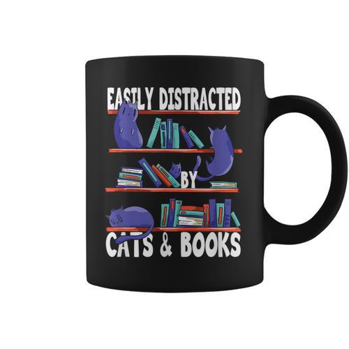 Easily Distracted By Cats And Book Bookworm Cat Lover For Men Women Graphic Print Coffee Mug - Bookorys CA