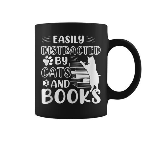 Easily Distracted By Cats And Books Cats & Book Lovers Graphic Print Coffee Mug - Bookorys