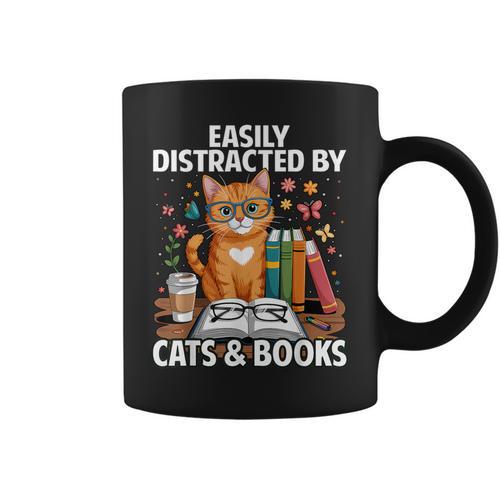 Easily Distracted By Cats And Books Book Lover Cat Graphic Print Coffee Mug - Bookorys AU