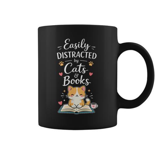 Easily Distracted By Cats And Books Cat & Book Lover Graphic Print Coffee Mug - Bookorys AU