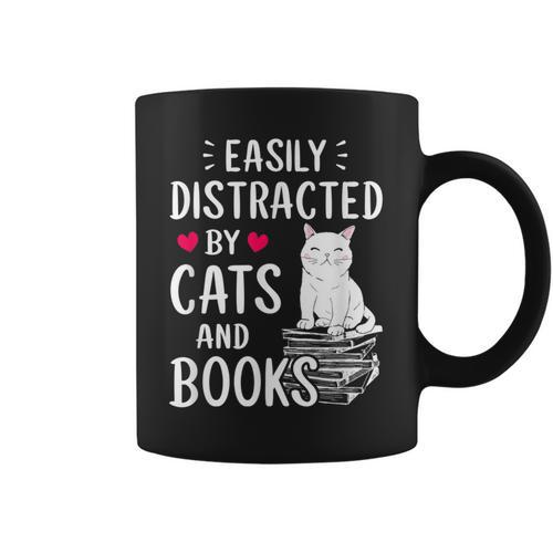 Easily Distracted By Cats And Books Cat Lover Graphic Print Coffee Mug - Bookorys AU