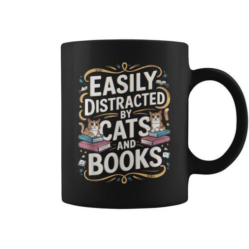 Easily Distracted By Cats And Books Graphic Print Coffee Mug - Bookorys AU