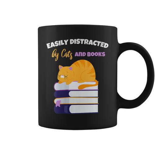 Easily Distracted Cats And Books Cute Cat Book Lover Graphic Print Coffee Mug - Bookorys AU