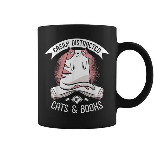 Easily Distracted By Cats And Books Men Cat Book Lover Graphic Print Coffee Mug - Bookorys AU