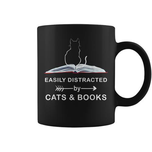 Easily Distracted By Cats And Books Reading Cats Main Coon Graphic Print Coffee Mug - Bookorys