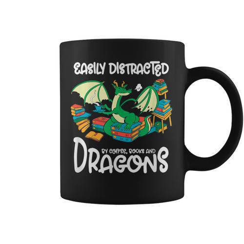 Easily Distracted By Coffee Books And Dragons Fantasy Sci-Fi Graphic Print Coffee Mug - Bookorys