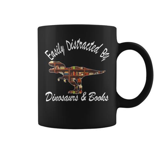 Easily Distracted By Dinosaurs And Books Outfits Men Women Graphic Print Coffee Mug - Bookorys