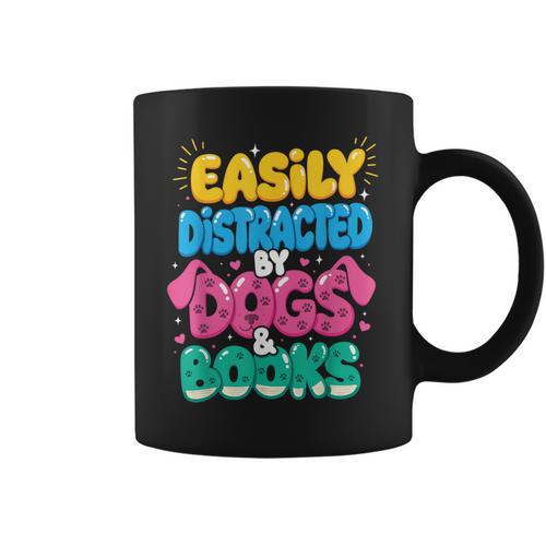Easily Distracted By Dogs & Books Kawaii Dog & Book Lover Graphic Print Coffee Mug - Bookorys CA