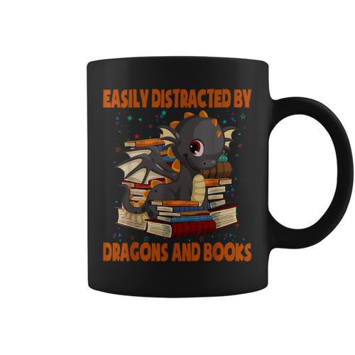 Easily Distracted By Dragon And Books Cute Dragon Read Book Graphic Print Coffee Mug - Bookorys CA