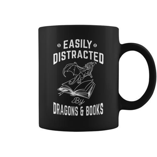 Easily Distracted By Dragons & Books Book Lover Graphic Print Coffee Mug - Bookorys AU