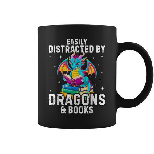 Easily Distracted By Dragons & Books Bookworm Library Graphic Print Coffee Mug - Bookorys AU
