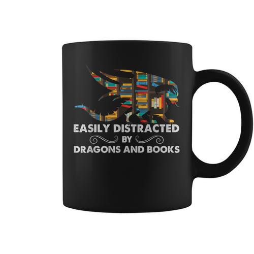 Easily Distracted By Dragons & Books Cool Reading Books Graphic Print Coffee Mug - Bookorys