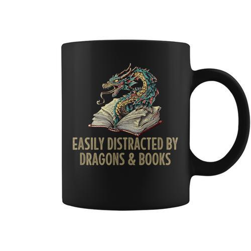 Easily Distracted By Dragons & Books Vintage Style Graphic Print Coffee Mug - Bookorys AU