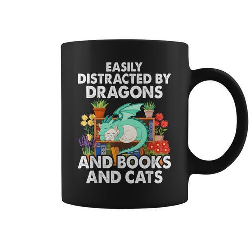 Easily Distracted By Dragons Books Cats Fantasy Book Lover Graphic Print Coffee Mug - Bookorys