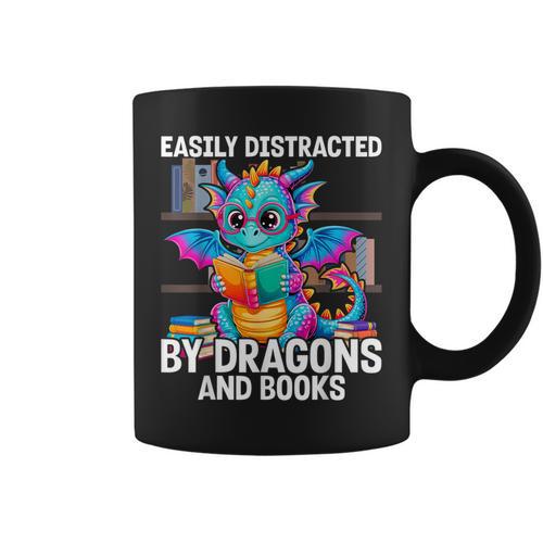 Easily Distracted By Dragons And Books Graphic Print Coffee Mug - Bookorys