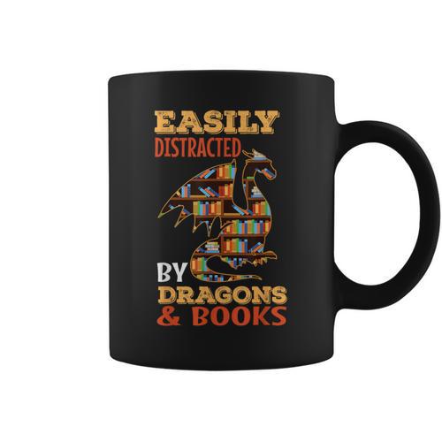 Easily Distracted By Dragons And Books Dragon Lover Mythical Graphic Print Coffee Mug - Bookorys AU