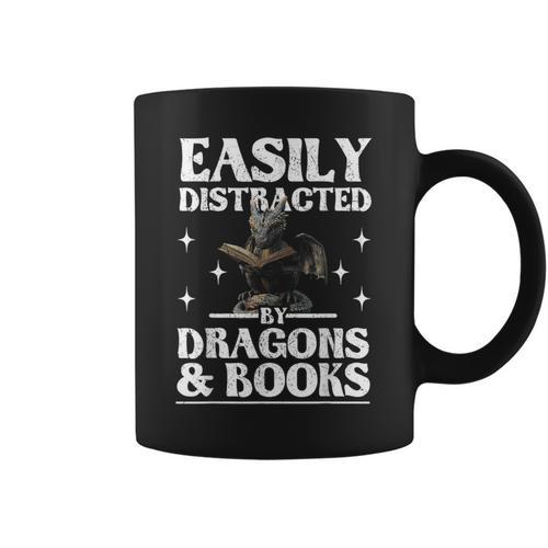 Easily Distracted By Dragons And Books Fantasy Book Lover Graphic Print Coffee Mug - Bookorys AU