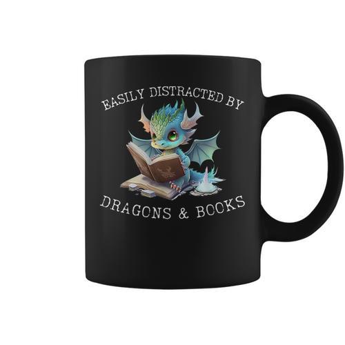 Easily Distracted By Dragons And Books Introvert Shirt Graphic Print Coffee Mug - Bookorys AU