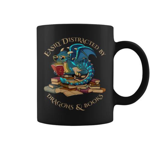 Easily Distracted By Dragons And Books Nerd Dragon Graphic Print Coffee Mug - Bookorys AU