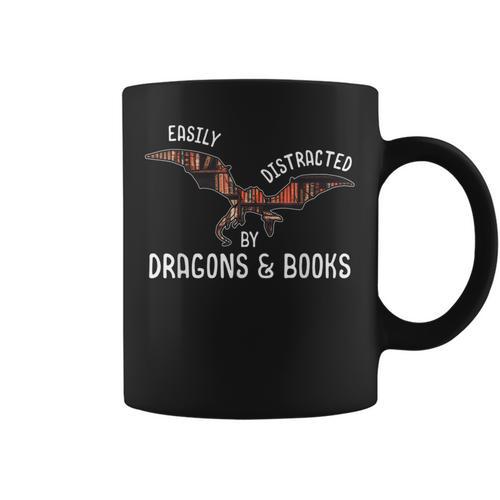 Easily Distracted By Dragons And Books Nerd Readers Graphic Print Coffee Mug - Bookorys AU