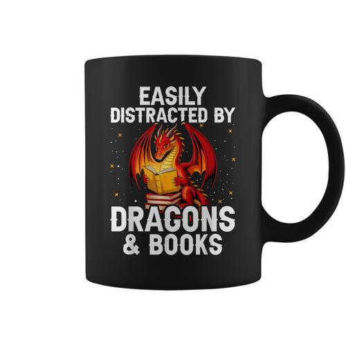 Easily Distracted By Dragons And Books Reading Graphic Print Coffee Mug - Bookorys
