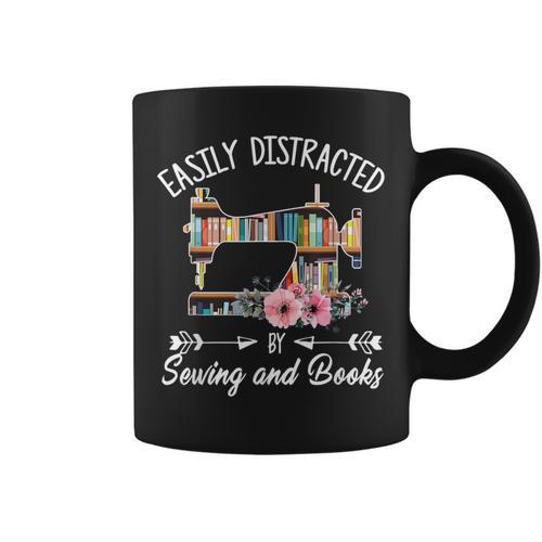 Easily Distracted By Sewing And Books Quilters Graphic Print Coffee Mug - Bookorys CA