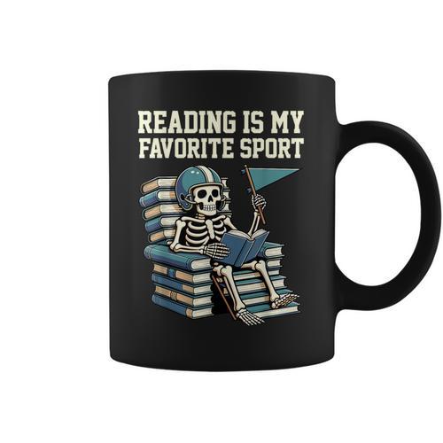 Football Skeleton Reading On Book Stack Graphic Print Coffee Mug - Bookorys