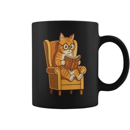 Ginger Tabby Cat Reading Book Glasses Retro Illustration Graphic Print Coffee Mug - Bookorys AU