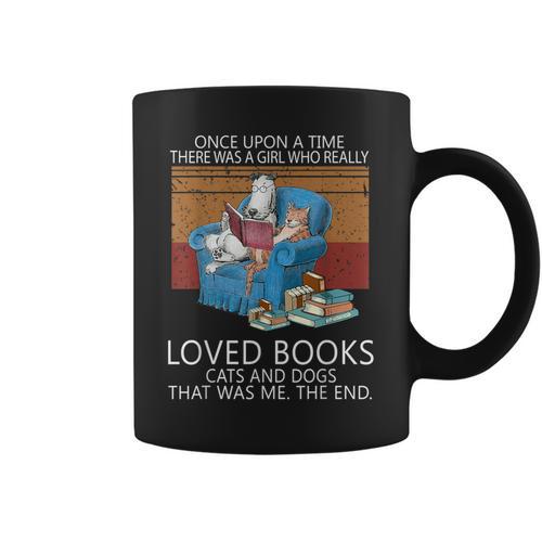A Girl Who Loves Books Cats And Dogs Cat Book Reading Graphic Print Coffee Mug - Bookorys