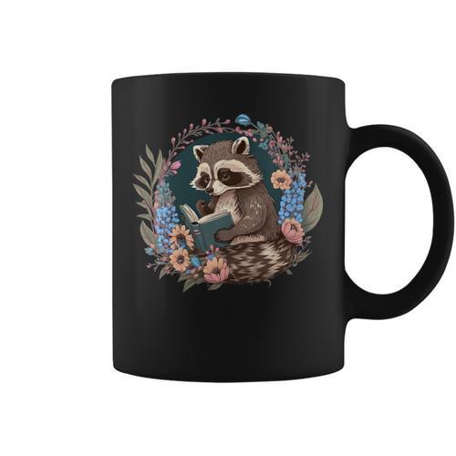 Girls Cottagecore Aesthetic Floral Raccoon Reading a Book Graphic Print Coffee Mug - Bookorys