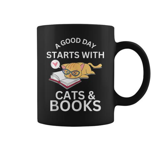 A Good Day Starts With Cats & Books Graphic Print Coffee Mug - Bookorys AU