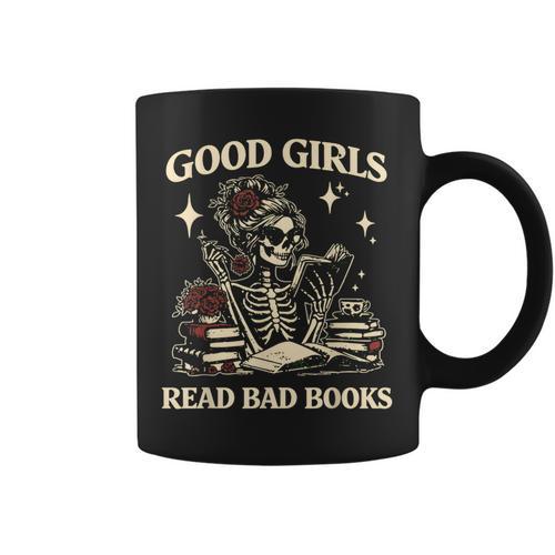 Good Girls Read Bad Books Dark Romance Reader Skeleton Goth Graphic Print Coffee Mug - Bookorys CA
