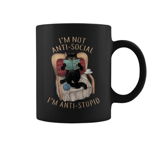I'm Not Anti-Social I'm Anti-Stupid Cat Read Book Men Women Graphic Print Coffee Mug - Bookorys