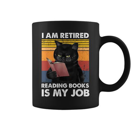 I'm Retired Reading Books Is My Job Cat Reader Graphic Print Coffee Mug - Bookorys AU