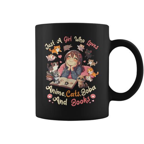 Just Girl Who Loves Anime Cats Boba And Books Bubble Tea Graphic Print Coffee Mug - Bookorys