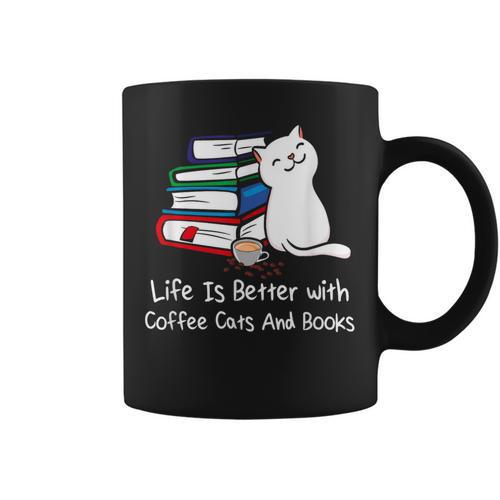 Life Is Better With Coffee Cats And Books Book Lover Graphic Print Coffee Mug - Bookorys AU